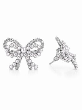 Silver Bow Stud Earrings CZ & Mini Pearl Accents 1” x 1”